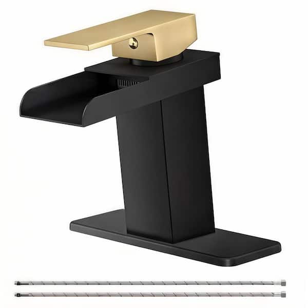 Single-Handle Waterfall Single-Hole Bathroom Sink Faucet with Pop-Up Drain Kit, Deckplate Included in Gold and Black