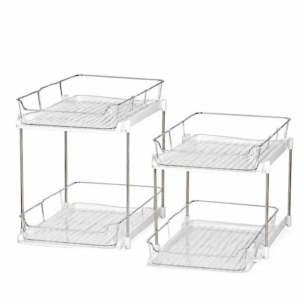 2-Tier Stackable Under Sink Organizer, Set of 2 Pull-Out Bins with Movable Dividers for Bathroom and Kitchen, White