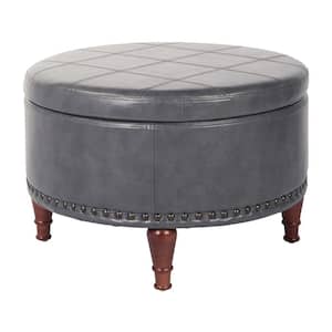 Alloway Pewter Faux Leather with Antique Bronze Nail-Heads Storage Ottoman
