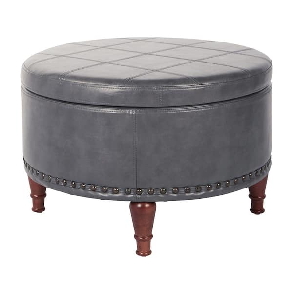 OSP Home Furnishings Alloway Pewter Faux Leather with Antique Bronze Nail-Heads Storage Ottoman