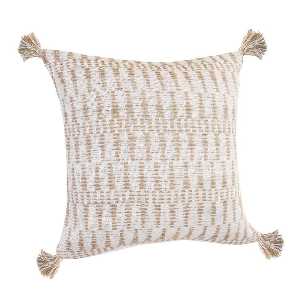 Ivory and Tan Ikat Jute Tasseled Throw Pillow, 20" x 20"