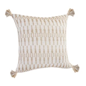 Natural Ivory / Beige Geometric Tasseled Durable Poly-Fill 20 in. x 20 in. Indoor Throw Pillow