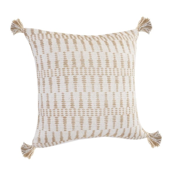 Unbranded Natural Ivory / Beige Geometric Tasseled Durable Poly-Fill 20 in. x 20 in. Indoor Throw Pillow