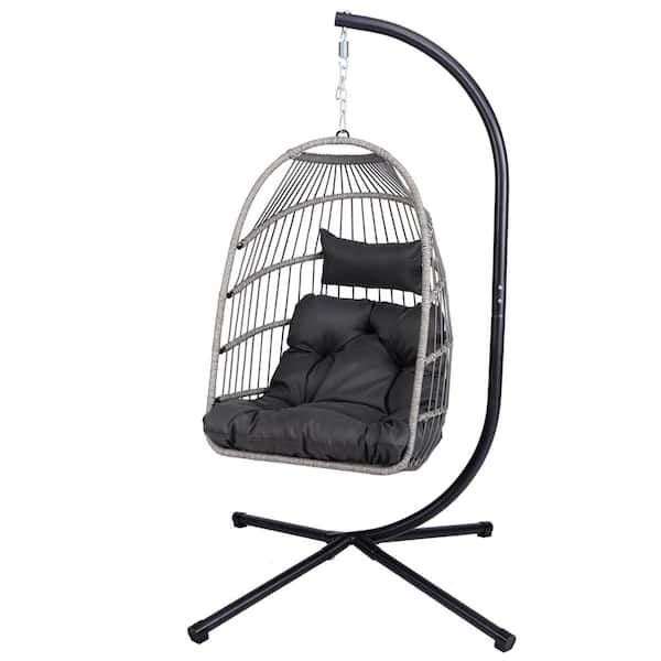 54.72 in. 1-Person Grey Wicker Patio Swing Outdoor Egg Hanging Chair with Stand with X-Shaped Structure & Black Cushion