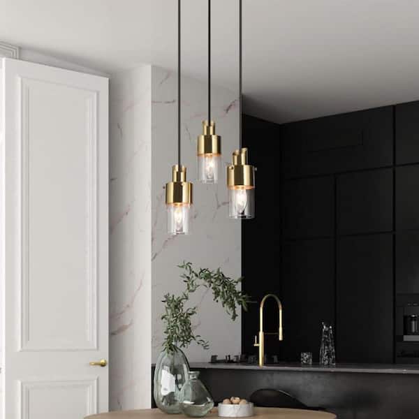 Coluse 3-Light Modern Black Chandelier, Transitional Brass Gold Adjustable Hanging Pendant with Cylinder Clear Glass