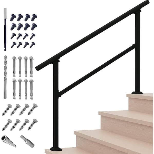 Afoxsos 4-Step Zinc Steel Outdoor Handrail Black Transitional Stair Railing Kit Matte Finish Easy Install for 3-4 Steps