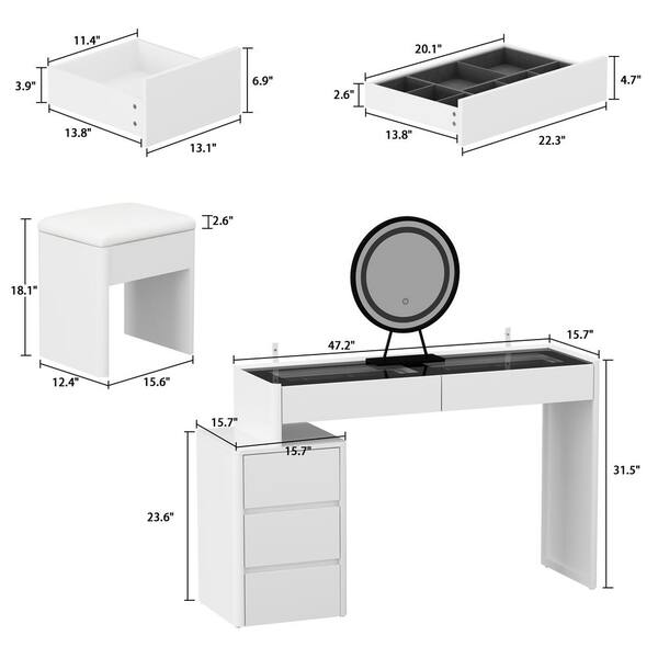 FUFU&GAGA White Wood Wardrobe Makeup Vanity Set With Armoire closet Glass  Table Top Lighted Round Mirror Hanging Rod Drawers WFKF180143-01 - The Home  Depot