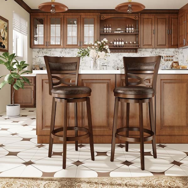 42.5 in. Counter Height Wood Swivel Bar Stools with Faux Leather Seat in Brown (Set of 2)