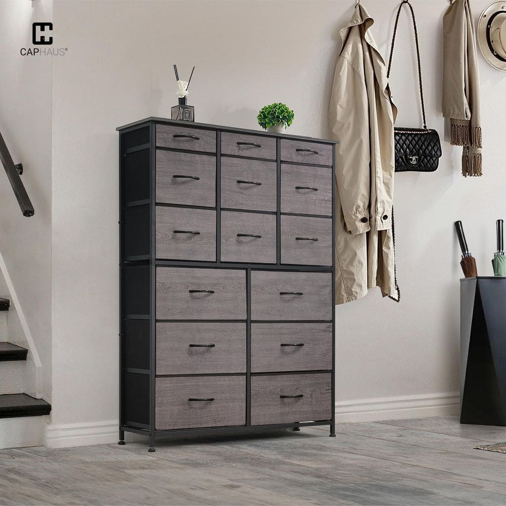 Drawerスタジャン グレー/ブラック CAPHAUS Grey Oak 15-Drawer 37.8 in. Wide Dresser FBDD-CHF1502-DKGY