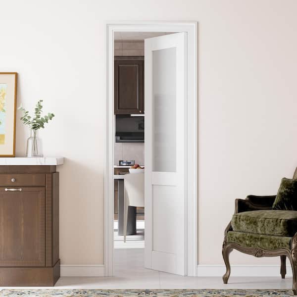 24 in. x 80 in. White Primed 1/2 Lite Frosted Glass door slab for Pocket Door, Standard Door without Pocket Door Frame