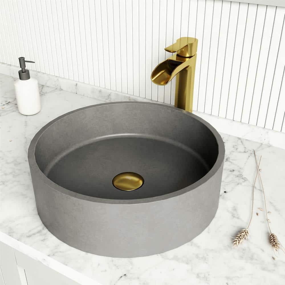 VIGO Concreto Stone 16” Round Vessel Sink – Matte Gray, Over-the-Counter, Freestanding For Bathroom