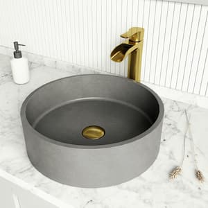 Concreto Stone Concrete Round Vessel Bathroom Sink in Gray with Niko Faucet and Pop-Up Drain in Matte Gold