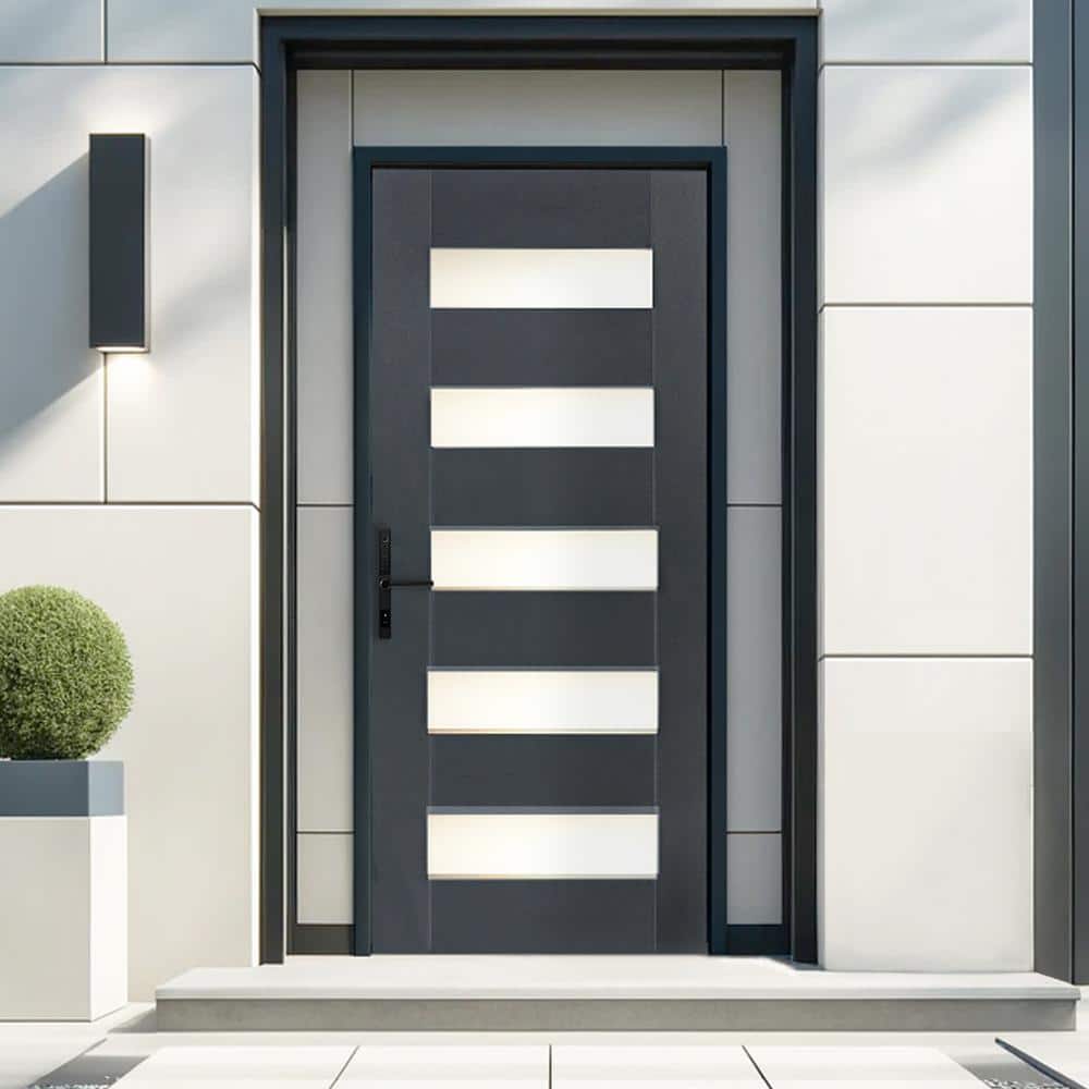 Modern Gray Fiberglass Exterior Door with Frosted Glass Panels