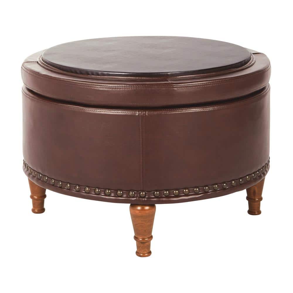 Alloway Espresso 29" Round Storage Ottoman with Tray Top