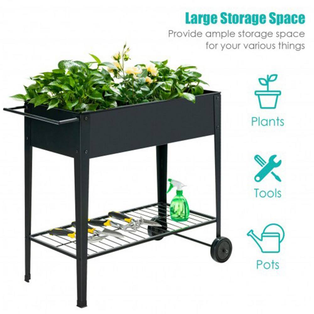 Black Iron Raised Garden Bed with Wheels and Shelf