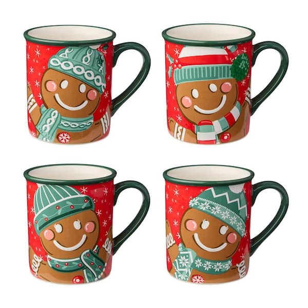 Christmas Whimsy Gingerbread 18 oz. Assorted Colors Ceramic Mugs (Set of 4)