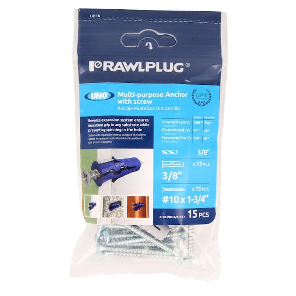 RAWLPLUG Uno Multi-Purpose Drywall Anchors 3/8 with Screws #10 x 1-3/4 22 lbs. (Pack of 15)