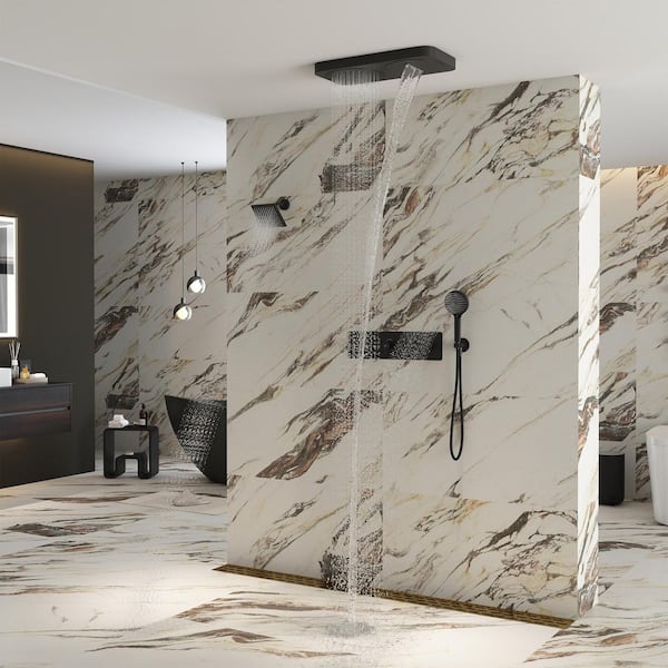 7-Spray 22.5 in. x 11.2 in. Ceiling Mount Fixed and Handheld Dual Shower Head 2. 5GPM with Back Spray in Matte Black