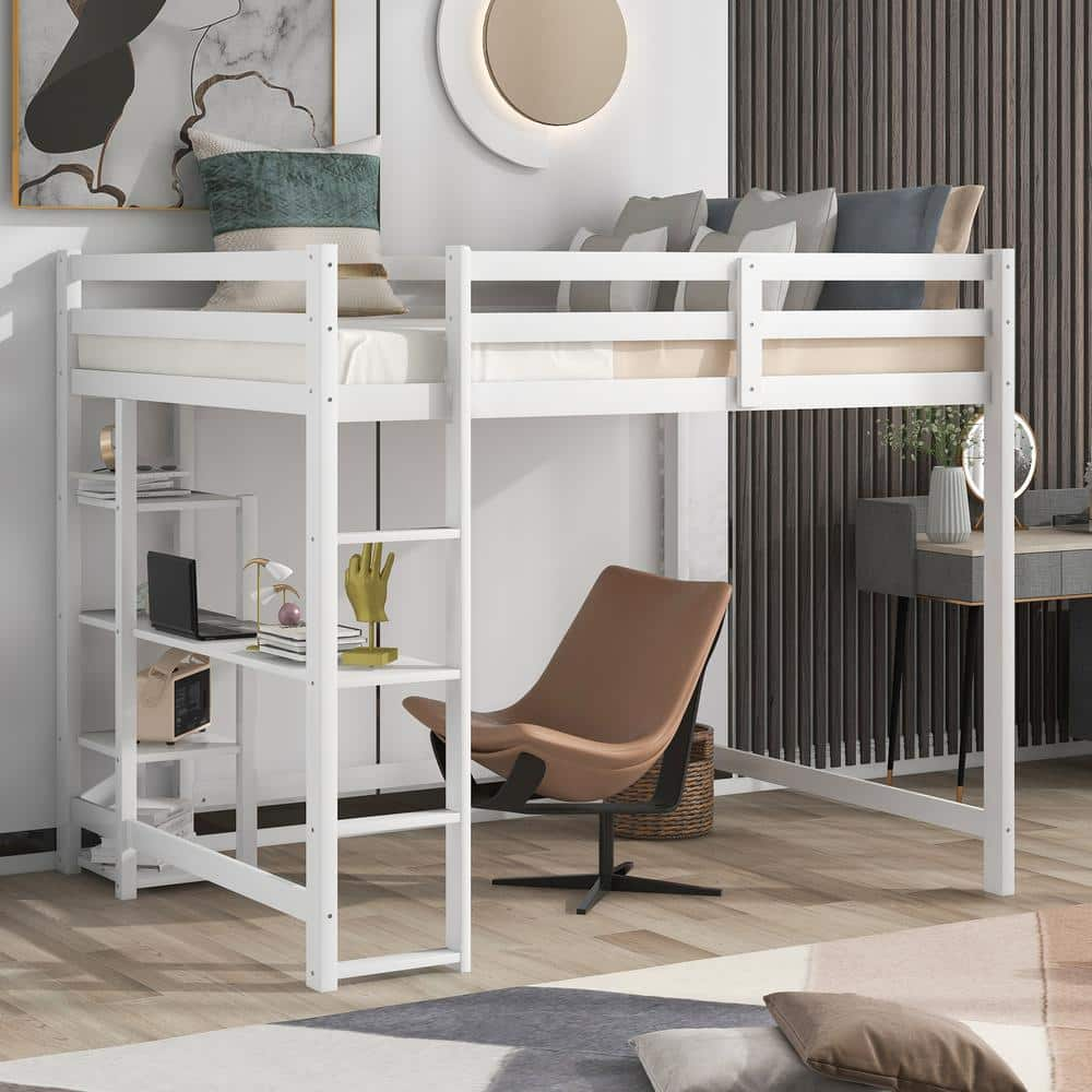 Twin Size Loft Bed with Built-in Desk, Storage Shelves and Drawers, White - ModernLuxe