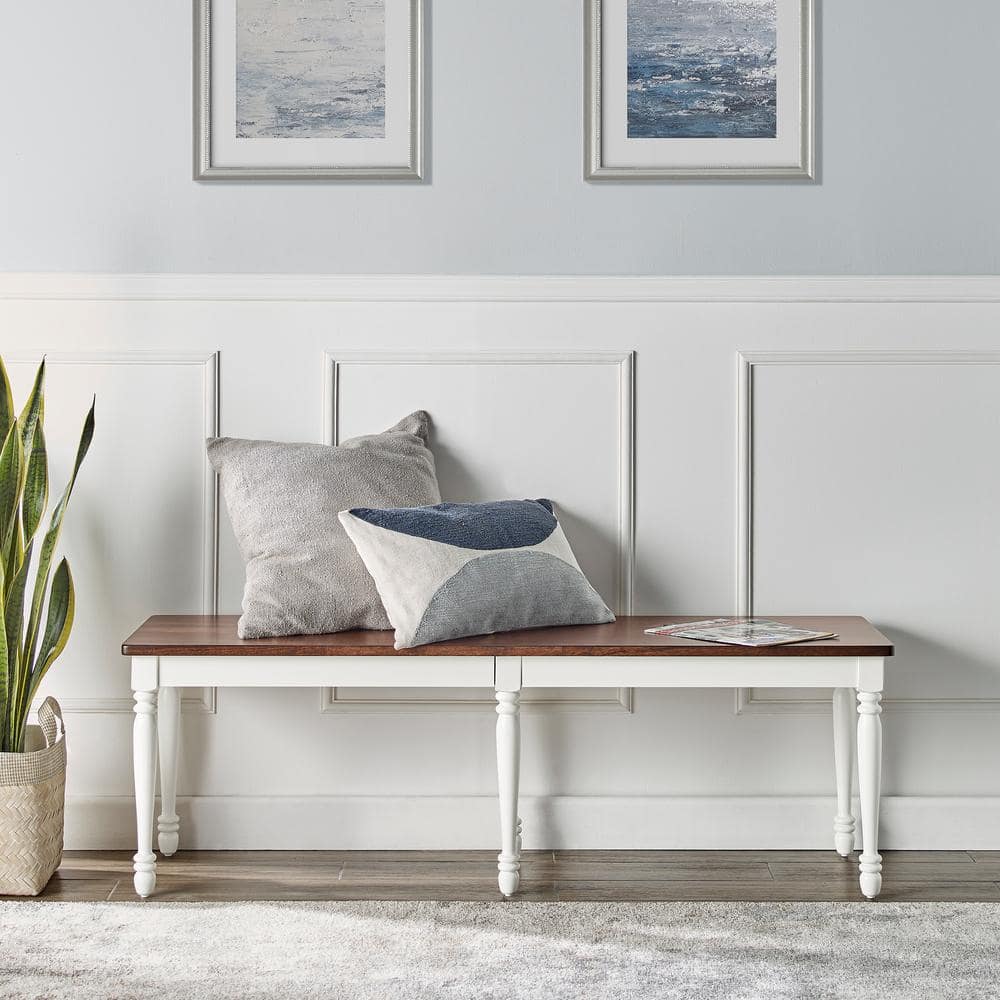 Shelby 57.75" White and Dark Brown Wood Dining Bench