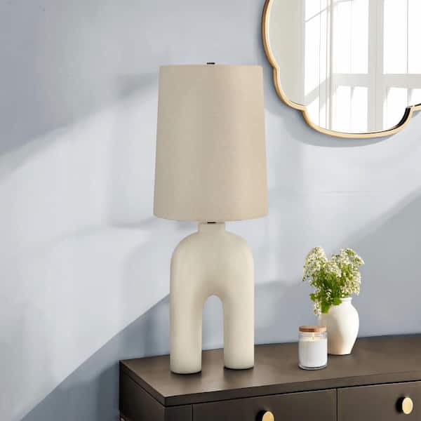 25 in. White Resin Table Lamp with Arch-Shaped Base and Beige Linen Tapered Drum Shade for Living Room, Bedroom, Office