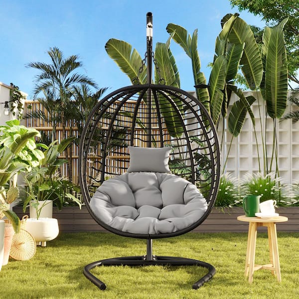 3.15 ft. Folding Hammock Egg Chair with Stand, Wicker Hanging Swing Chair Gray Cushion, Headrest