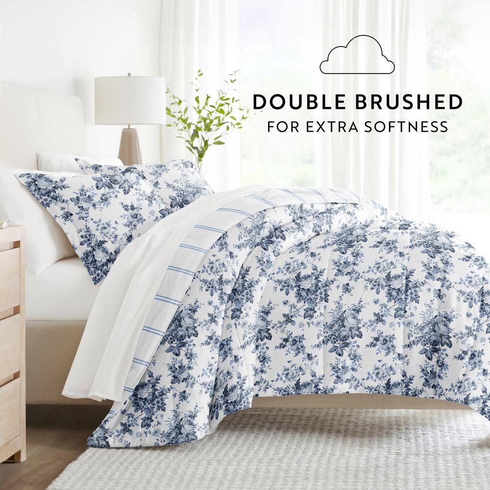 Twin XL White and Blue Floral Microfiber Bedding Set