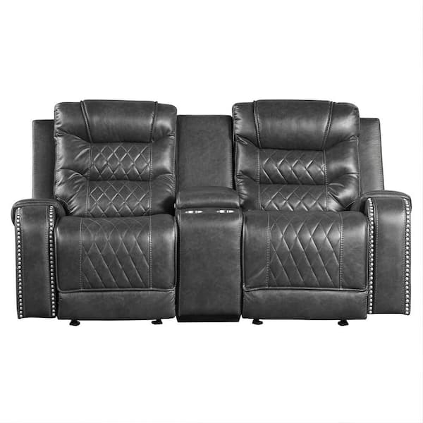 Bergen 77.5 in. W Gray Faux Leather Double Glider Manual Reclining Loveseat w/ Center Console, Receptacles and USB Port