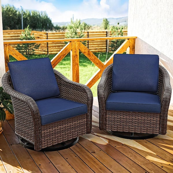 2-Piece Brown Wicker Outdoor Rocking Chair Patio Swivel Chair Set with Blue Cushion