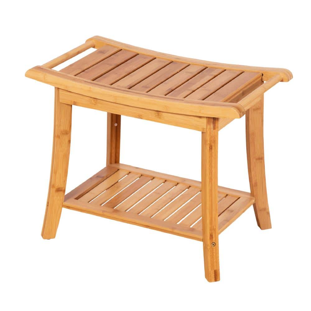 Natural Bamboo Spa Style Bench with Storage Shelf