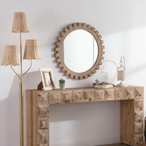 28 in. W x 28 in. H Round Wood Framed Wall Bathroom Vanity Mirror in Fir