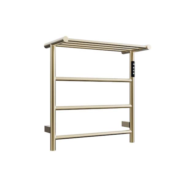 Triple-Bar Wall Mount Plug-In Hardwired Electric Bathroom Towel Warmer Stainless Steel Drying Rack Towel in Brushed Gold