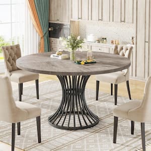 Halseey Round Gray Wood 47 in. Pedestal Dining Table Seats 4-6 with Black Metal Base