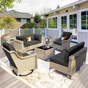 Supery Gray 8-Piece Wicker Patio Conversation Set with Black Cushions and Swivel Rocking Chairs