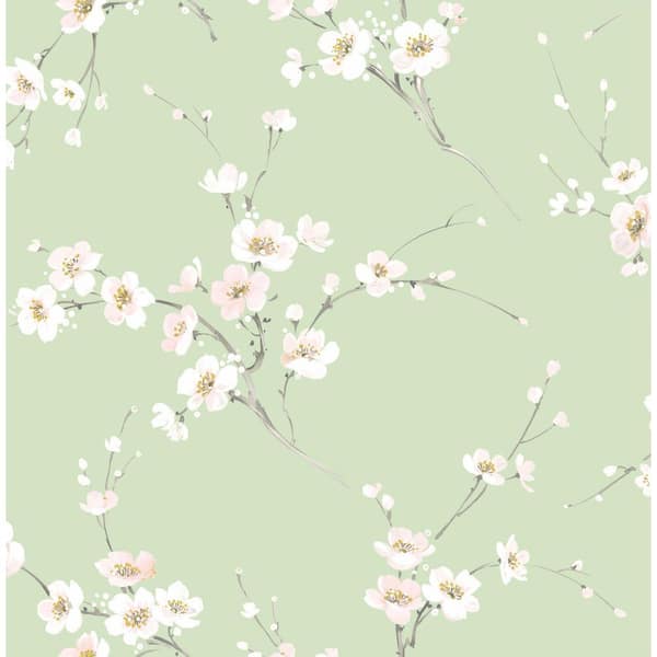 Green Cherry Blossoms Vinyl Peel and Stick Wallpaper Roll (Covers 30.75 sq. ft.)