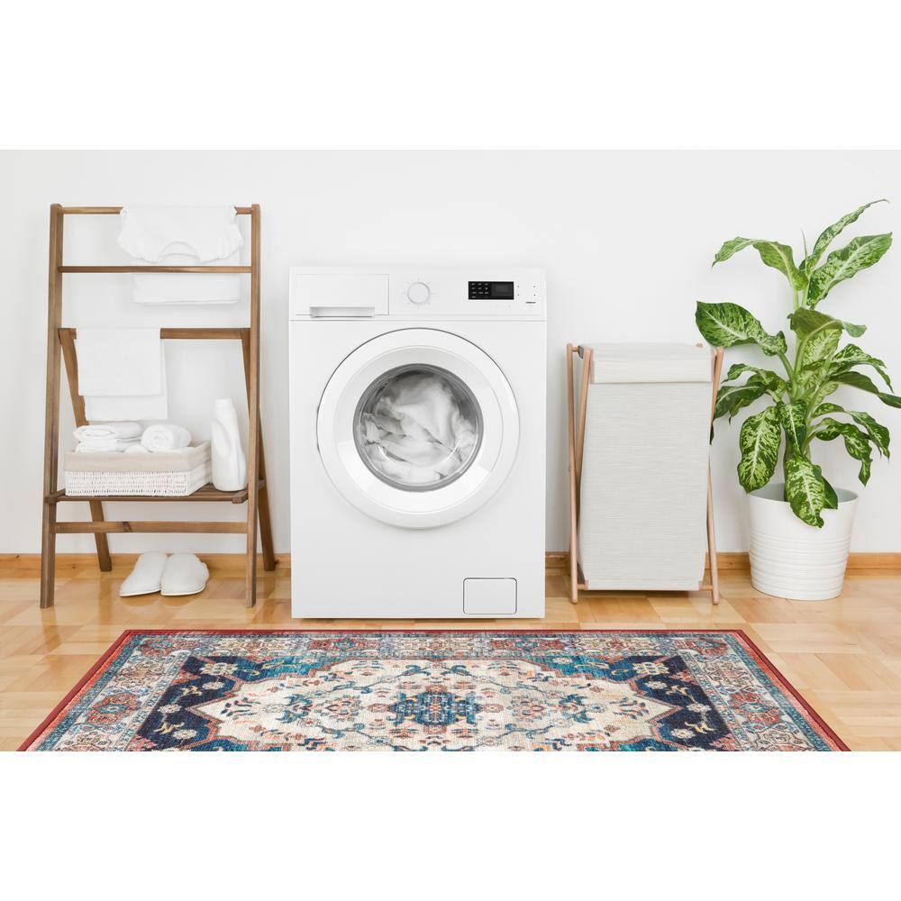 Ivory and Navy Medallion Washable Synthetic Area Rug 2' x 3'