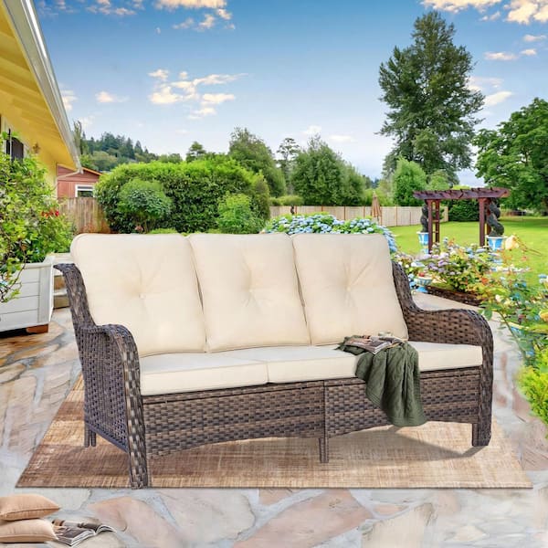 Brown Wicker Outdoor Patio 3-Seat Sofa Sectional Couch with Beige Cushions