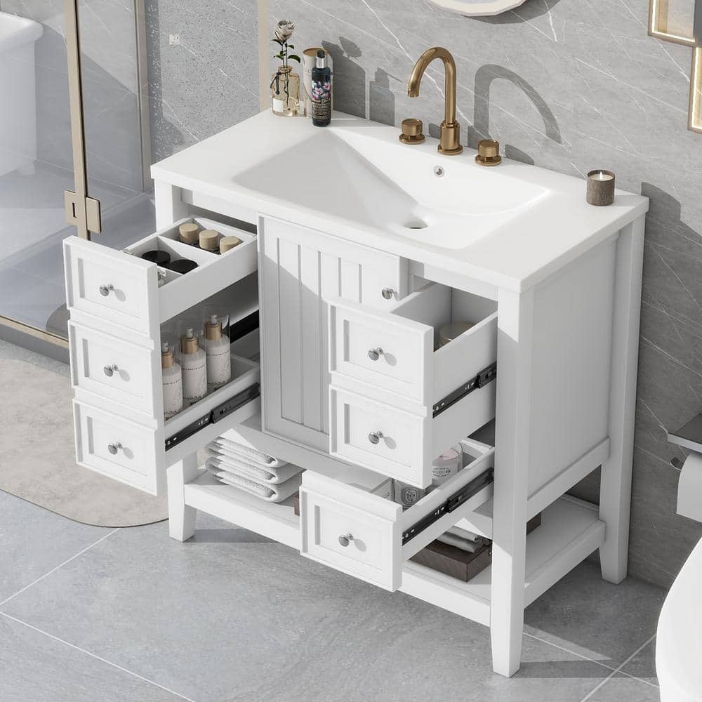 36" White MDF and Ceramic Single Sink Bathroom Vanity with Drawers