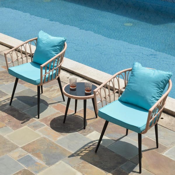 Unbranded 3-Piece Wicker Outdoor Bistro Set, Patio Chair with Coffee Table and Blue Cushions for Balcony Garden Backyard