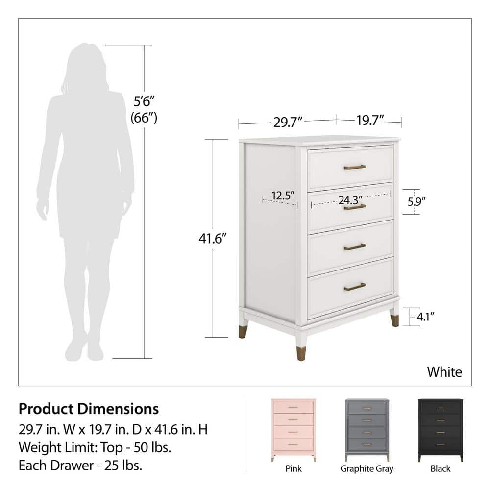 White and Gold 4-Drawer Dresser with Trendy Hardware