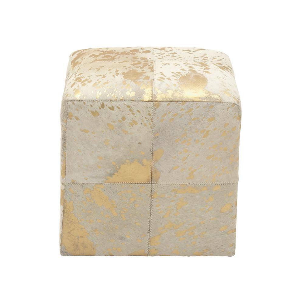 Gold and Beige Leather Box Pouf Stool