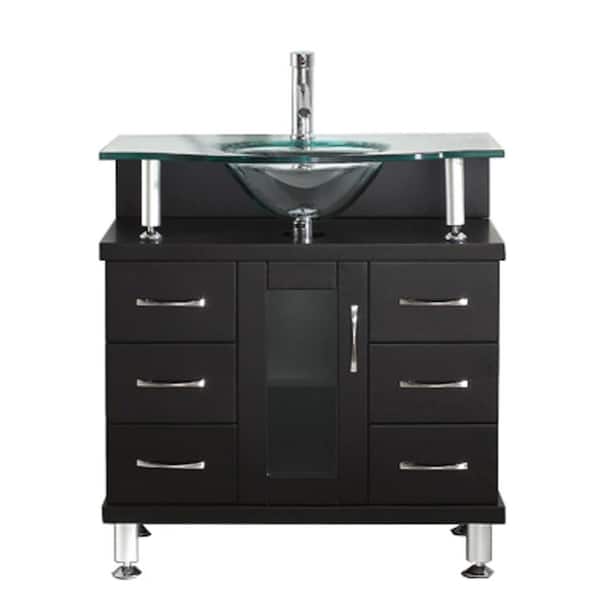 Virtu USA Vincente 32 in. W Bath Vanity in Espresso with Glass Vanity Top in Clear Mint Green with Round Basin