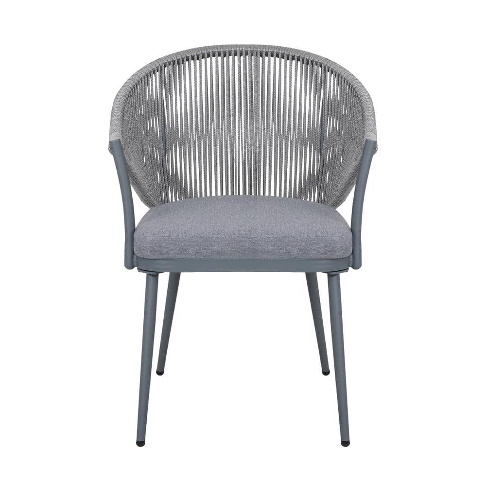 Gray Aluminum Rope Dining Chairs with Cushions, Set of 2