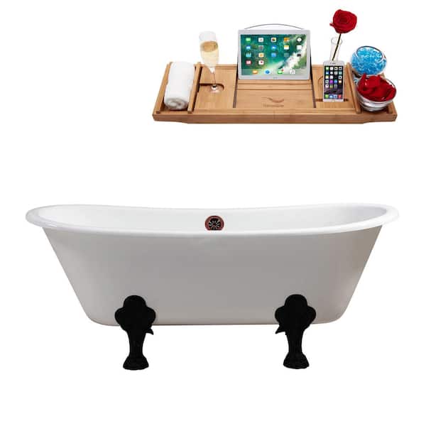 67 in. x 28 in. Cast Iron Clawfoot Soaking Bathtub in Glossy White, Matte Black Clawfeet, Matte Oil Rubbed Bronze Drain