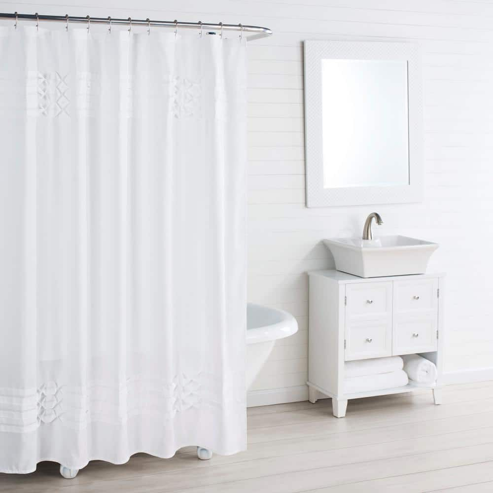 Linen Crisp White and Natural Taupe Border Shower Curtain