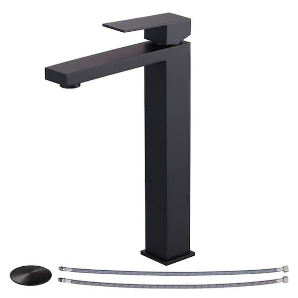 Single Handle Single Hole High Arc Bathroom Faucet with Pop-Up Drain in Matte Black
