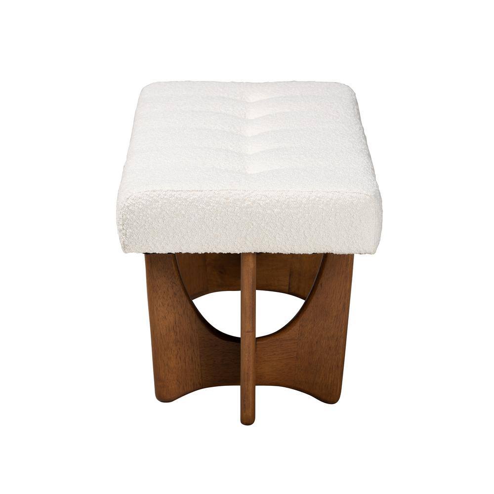 Cream Boucle Fabric and Walnut Wood Bench with Button-Tufted Seat