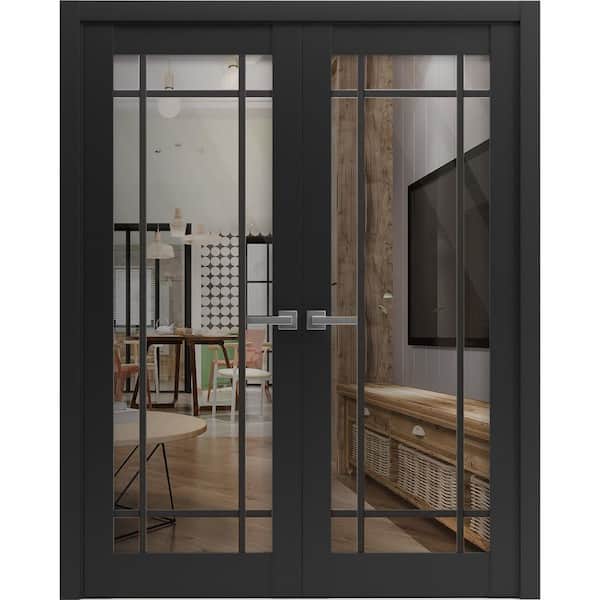 64 in. x 80 in. 2 Panel Black Matte Finished Solid Wood Sliding Door with Hardware