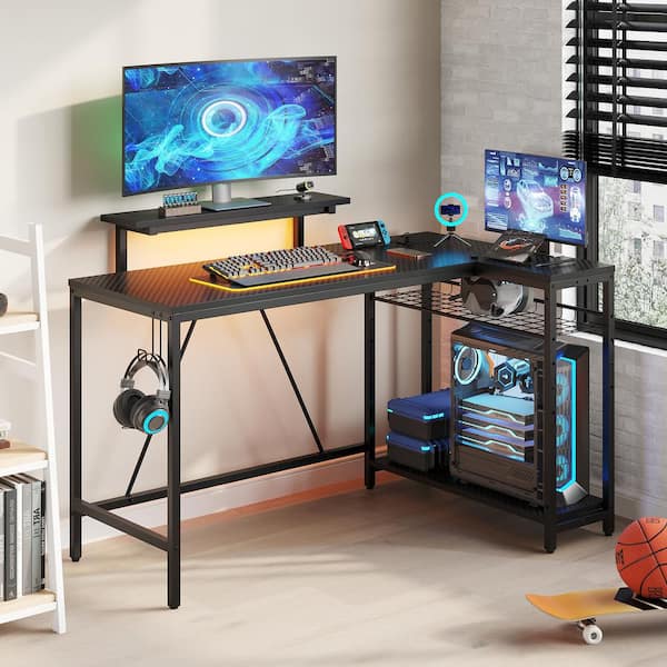 52 in. L-Shaped Black Fiber Carbon LED Gaming Desk with Storage Shelf and Power Outlets