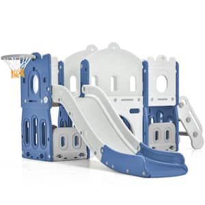 Blue Kids Slide Playset Structure Freestanding Castle Kids Climber Playhouse with Slide and Basketball Hoop
